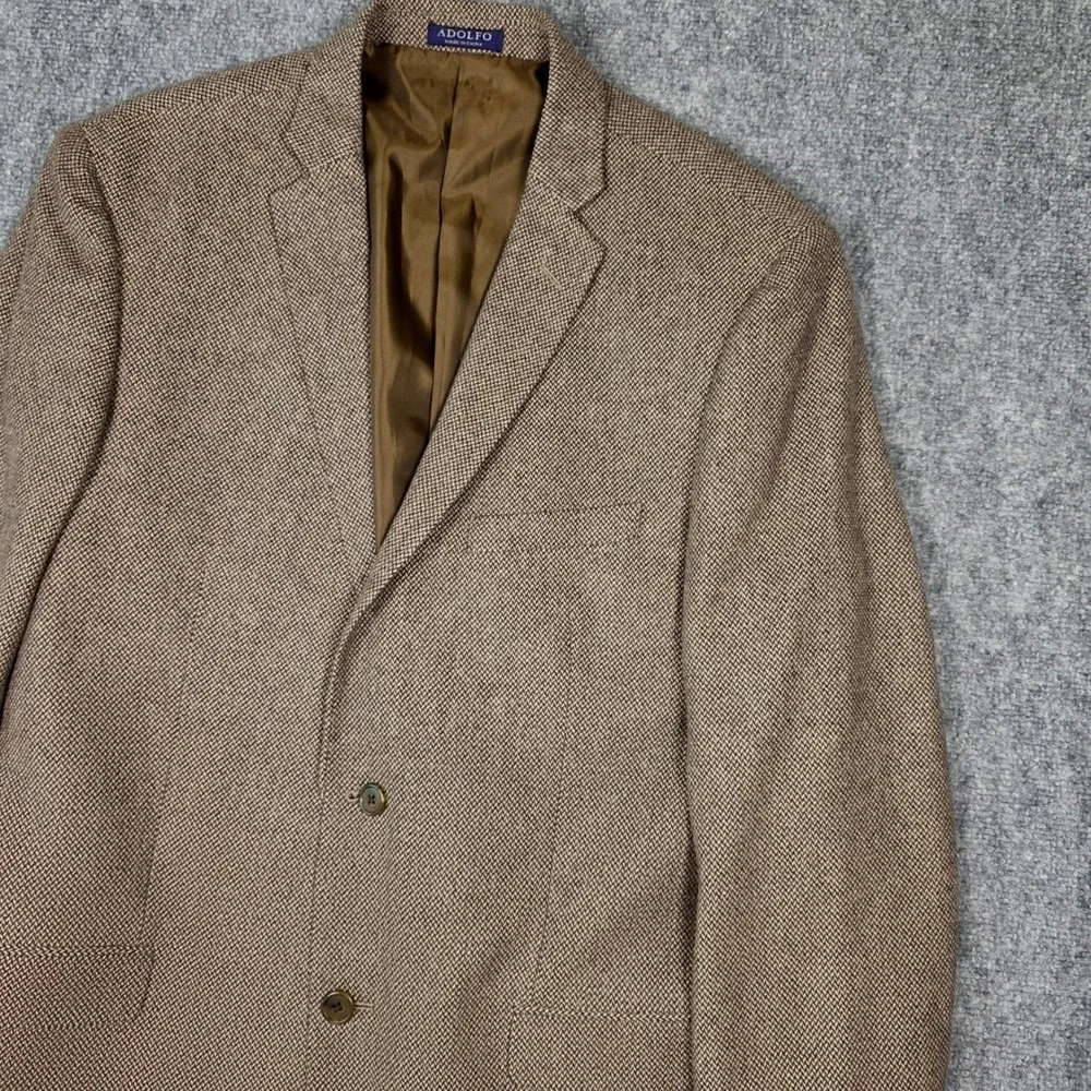 Adolfo Blazer Mens 44L Brown Herringbone Tweed Lambswool Sport Coat‎ Classic Vtg